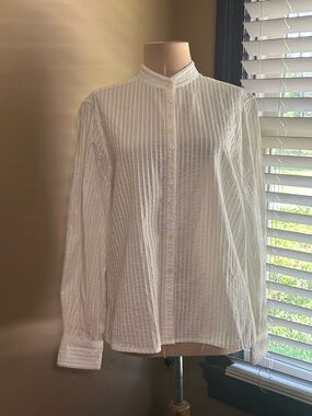 Jones New York White Striped Button-Front Mandarin Collar Shirt